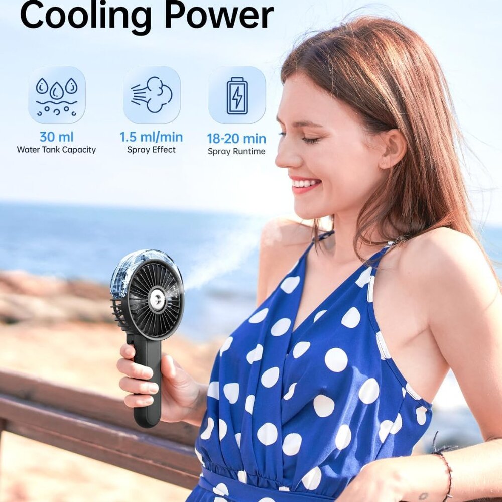 Portable Misting Fan Handheld Personal Fan 180° Foldable with Mist Spray USB Rec - Picture 3 of 7